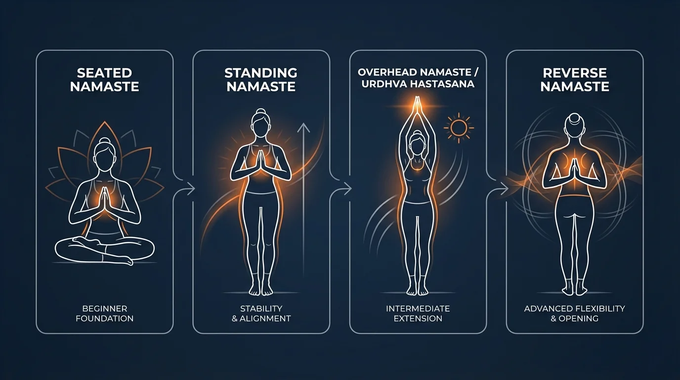 Namaste pose progressions from seated namaste to standing pranamasana to overhead urdhva hastasana to reverse namaste pashchima namaskarasana showing increasing difficulty and shoulder mobility demands
