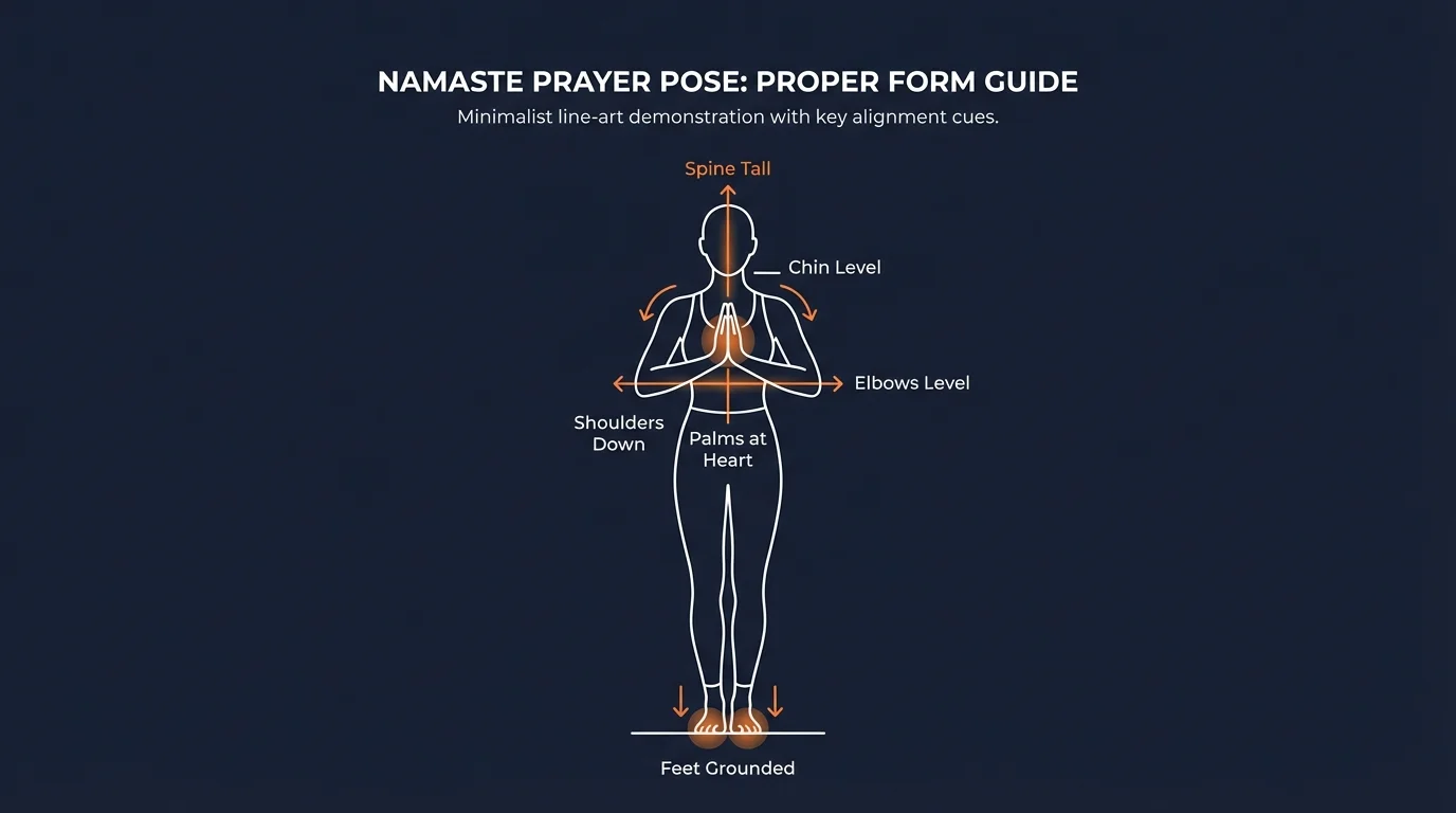 Namaste prayer pose proper form showing standing position with feet hip-width apart, spine tall, shoulders relaxed, and palms pressed together at heart center with elbows lifted