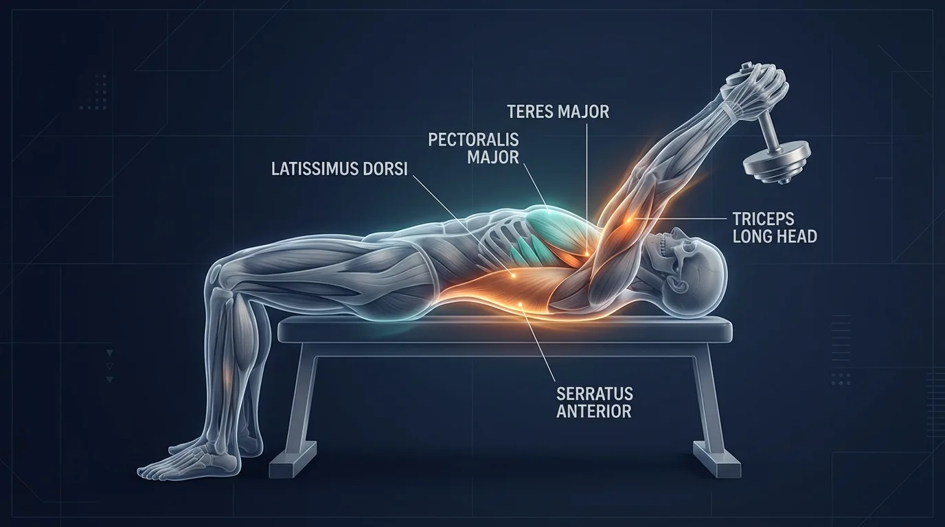 Dumbbell pullover muscles targeted diagram showing latissimus dorsi, pectoralis major sternal head, teres major, serratus anterior, and triceps long head highlighted during the overhead stretch position