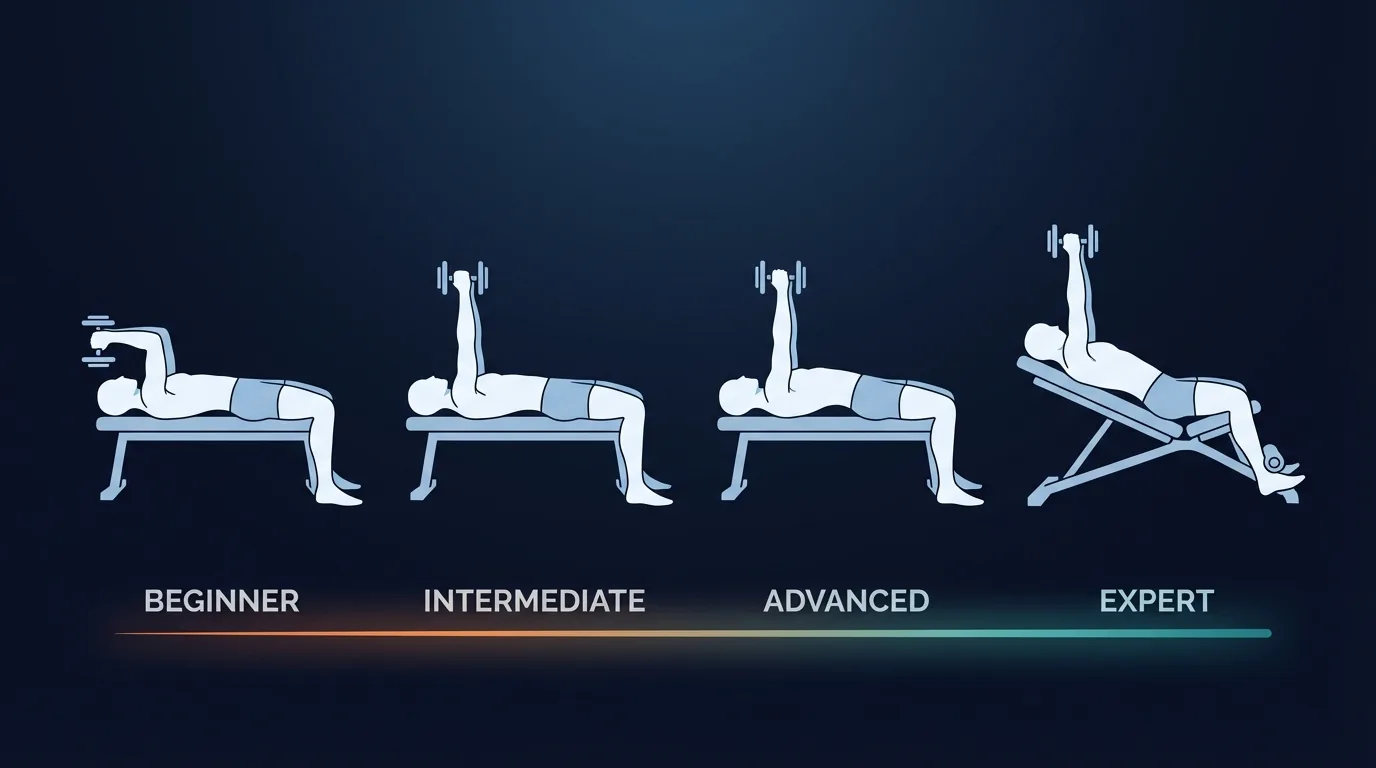 Dumbbell pullover progression from bent-arm pullover to flat bench straight-arm pullover to cross-bench pullover to decline bench pullover, showing increasing difficulty
