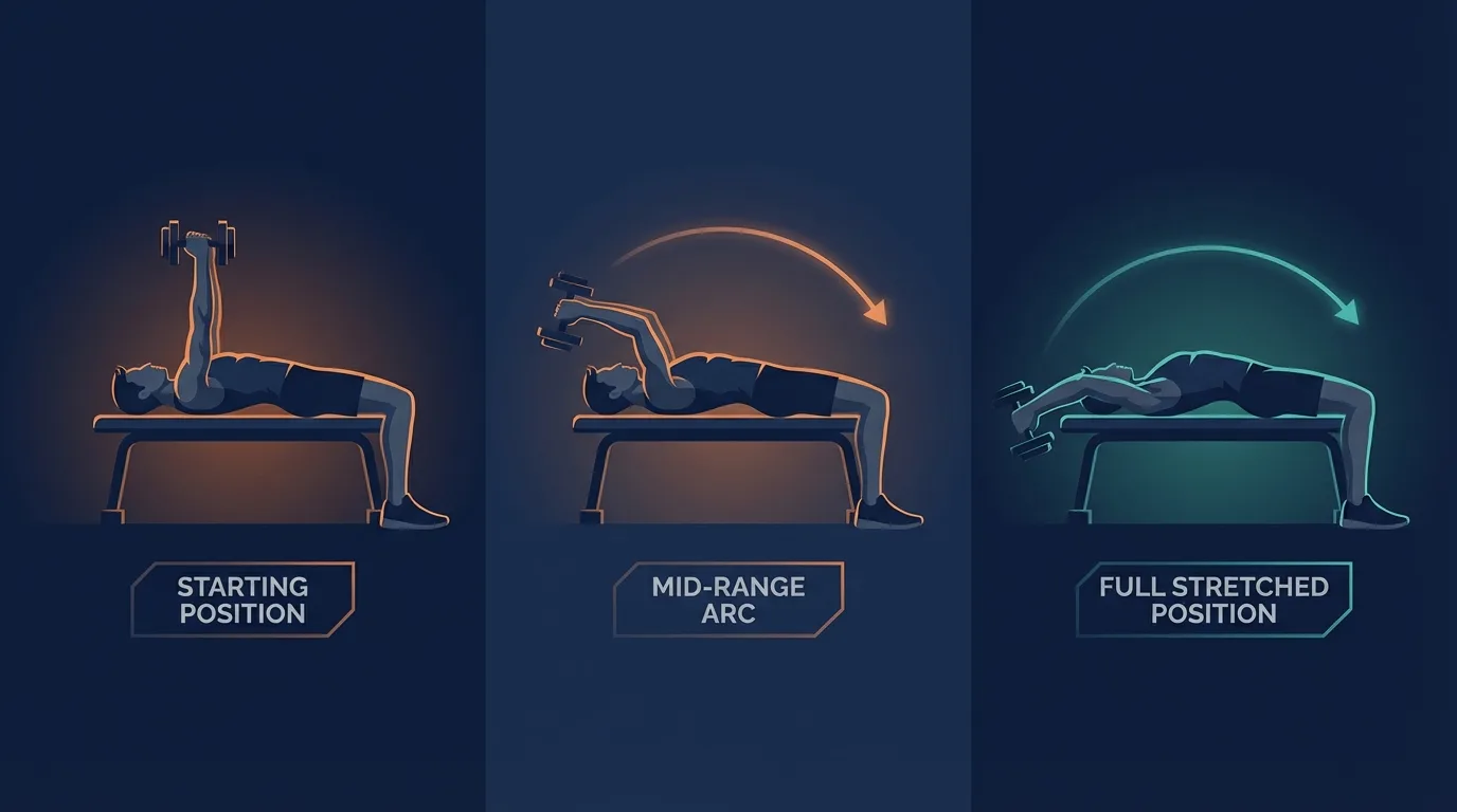 Dumbbell pullover proper form showing three positions: starting with dumbbell over the chest arms nearly straight, mid-arc lowering behind the head, and full stretched position with arms extended overhead