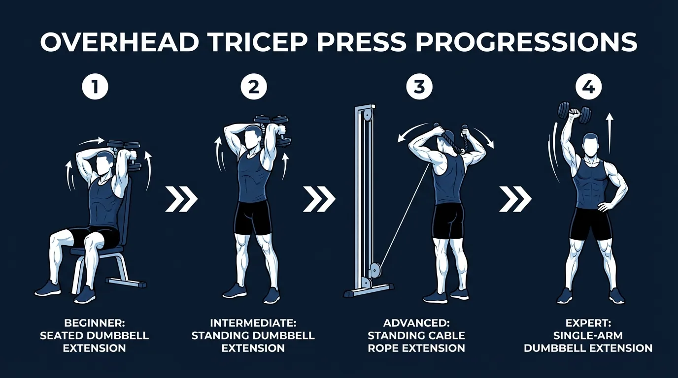 Overhead tricep press progressions showing four variations from seated two-hand to standing to single-arm to skull crushers with difficulty levels labeled