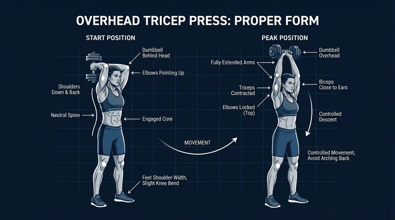Overhead tricep press proper form comparison showing correct elbow position pointing forward versus common mistake of flared elbows, with arrows indicating movement path