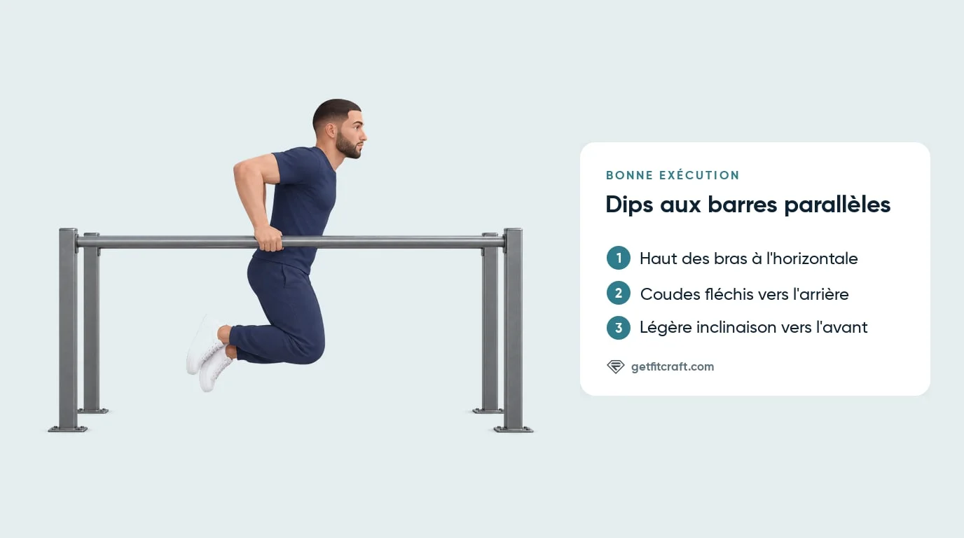 Dips aux barres parallèles, bonne forme de profil : haut des bras à l'horizontale, coudes en arrière, légère inclinaison