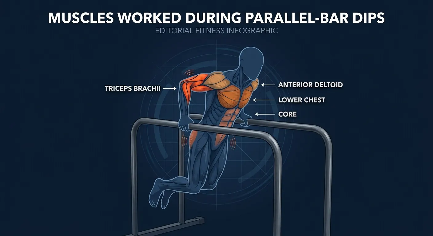 Parallel-bar dip muscles activated: triceps brachii (long, lateral, and medial heads) and lower fibers of the pectoralis major as primary movers, with anterior deltoids as secondary movers, and the core, scapular stabilizers, and rotator cuff working isometrically to hold body position