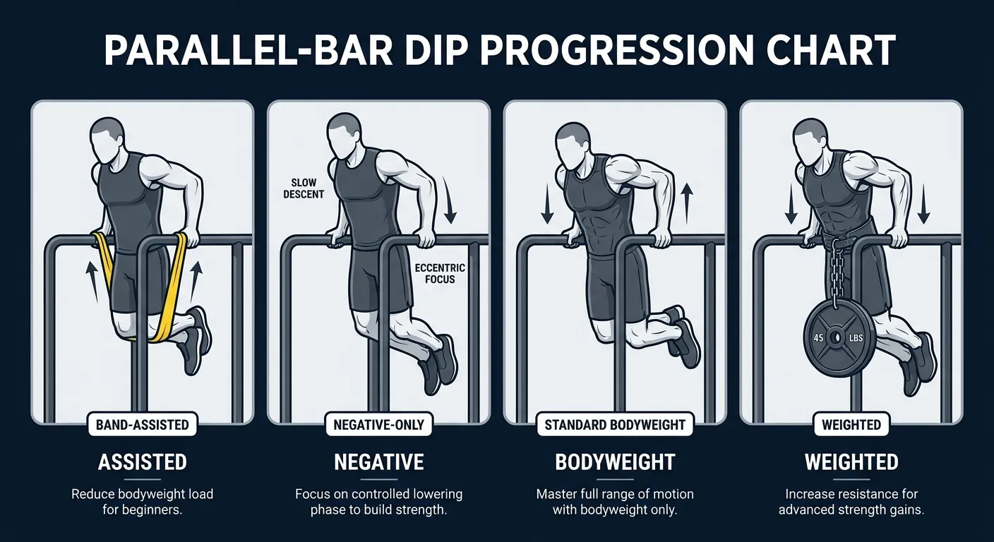 Parallel-bar dip progression sequence from band-assisted (beginner) to negative-only (beginner-intermediate) to standard bodyweight (intermediate) to weighted dip with a dip belt (advanced)