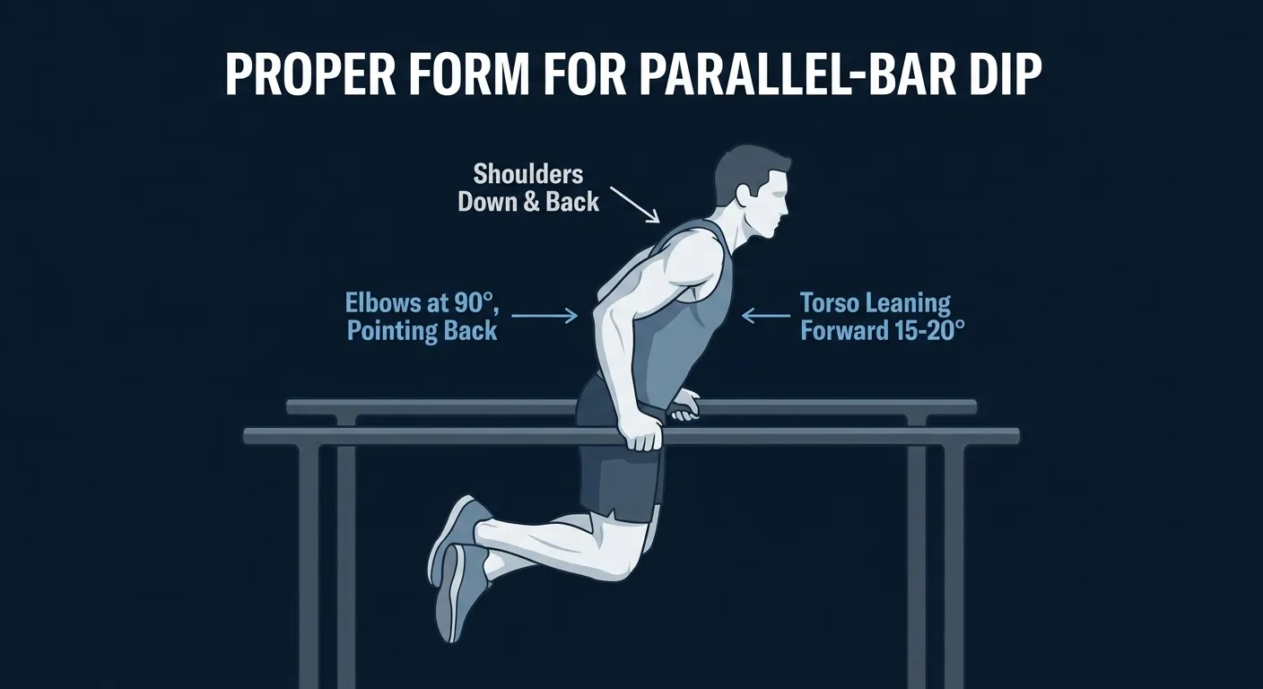 Parallel-bar dip proper form at the bottom position: hands gripping parallel bars at hip-width, body suspended in the air, torso slightly leaned forward, elbows at about 90 degrees pointing straight back, shoulders pulled down and away from the ears