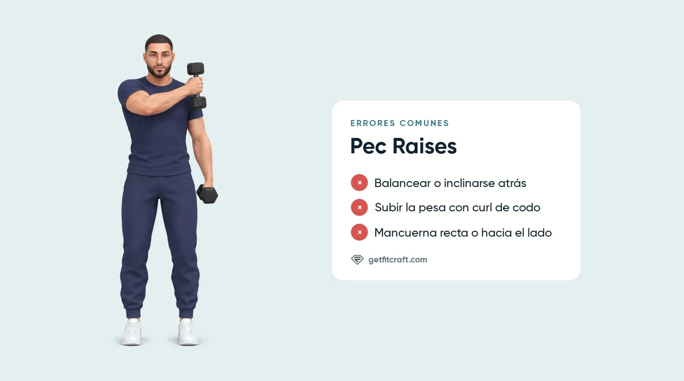 Errores en los pec raises junto a la pose correcta: mancuerna cruzada a la altura del hombro, otro brazo abajo