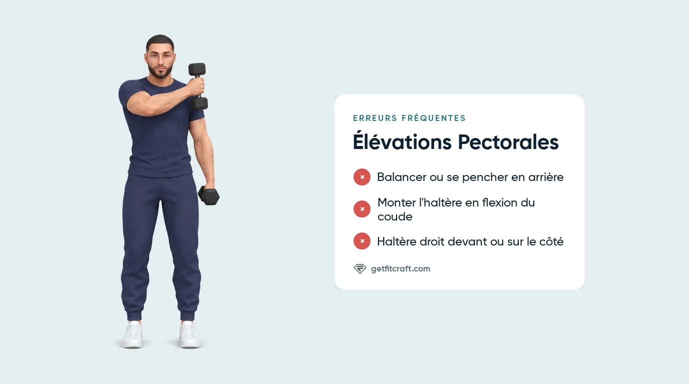 Erreurs de l'élévation pectorale et bonne pose : haltère en travers à hauteur d'épaule, autre bras en bas
