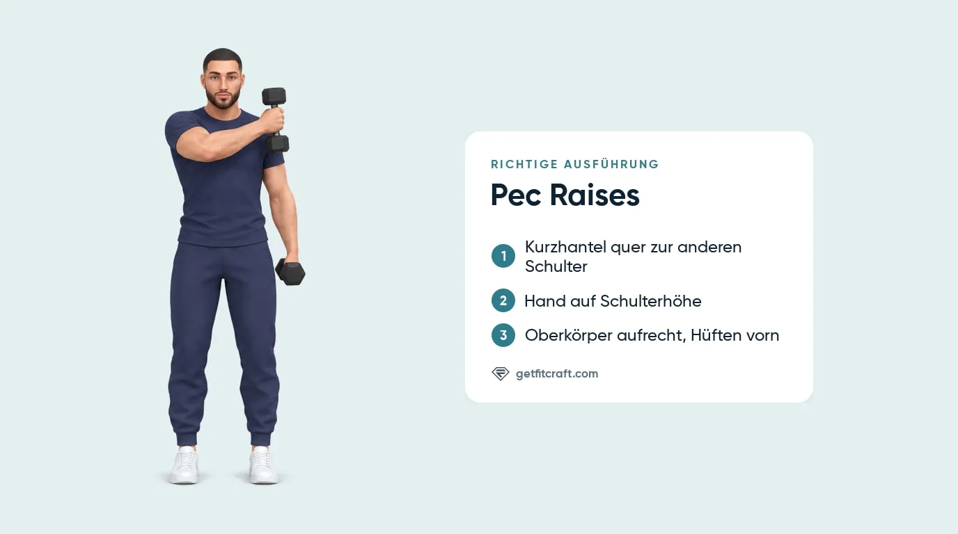 Pec Raises, richtige Technik von vorn: Kurzhantel quer zur anderen Schulter, Daumen oben, Oberkörper aufrecht