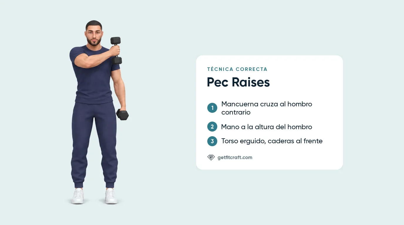 Pec raises, forma correcta de frente: una mancuerna sube cruzando hacia el hombro contrario, pulgar arriba, torso erguido