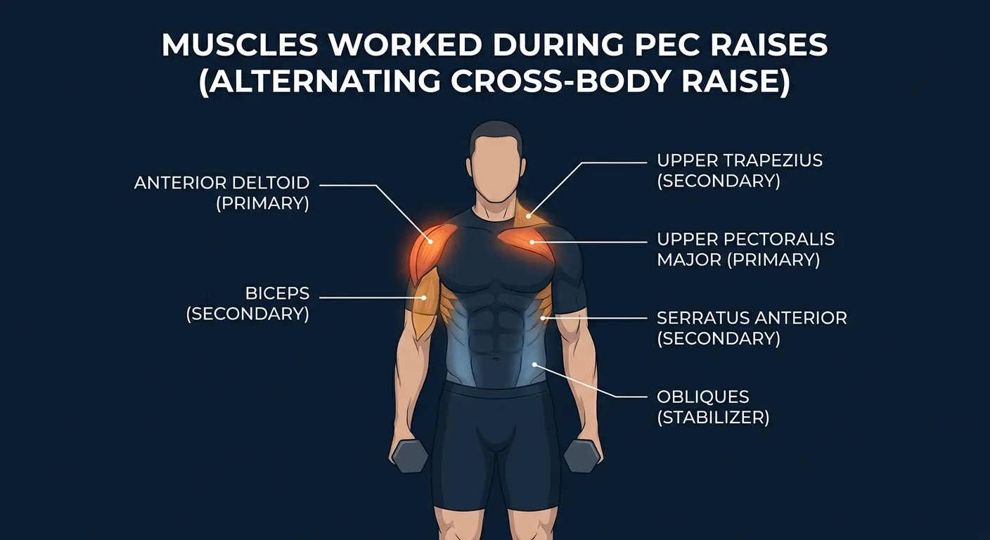 Pec raise muscles activated: anterior deltoid and clavicular head of the pectoralis major as primary movers during the cross-body dumbbell raise, with the biceps, serratus anterior, and upper trapezius assisting and the rotator cuff and obliques stabilizing