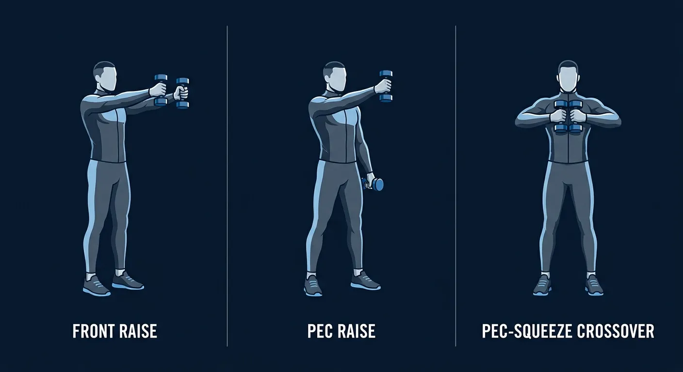 Pec raise progression path from beginner to advanced: straight-path front raise on the left, alternating cross-body pec raise in the middle, and pec-squeeze crossover on the right