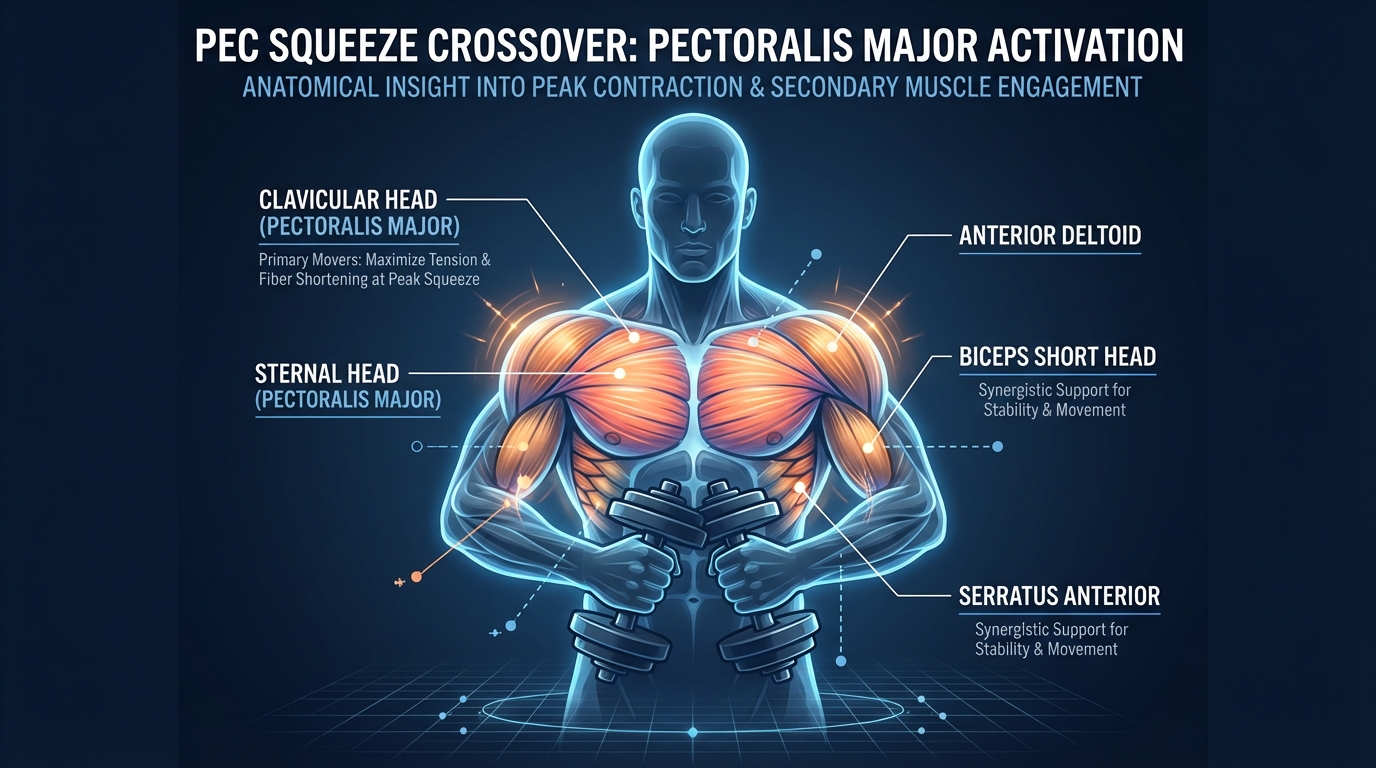 Pec squeeze crossover muscles targeted diagram showing pectoralis major sternal head, inner chest fibers, anterior deltoid, biceps short head, and serratus anterior activation during the dumbbell crossover movement
