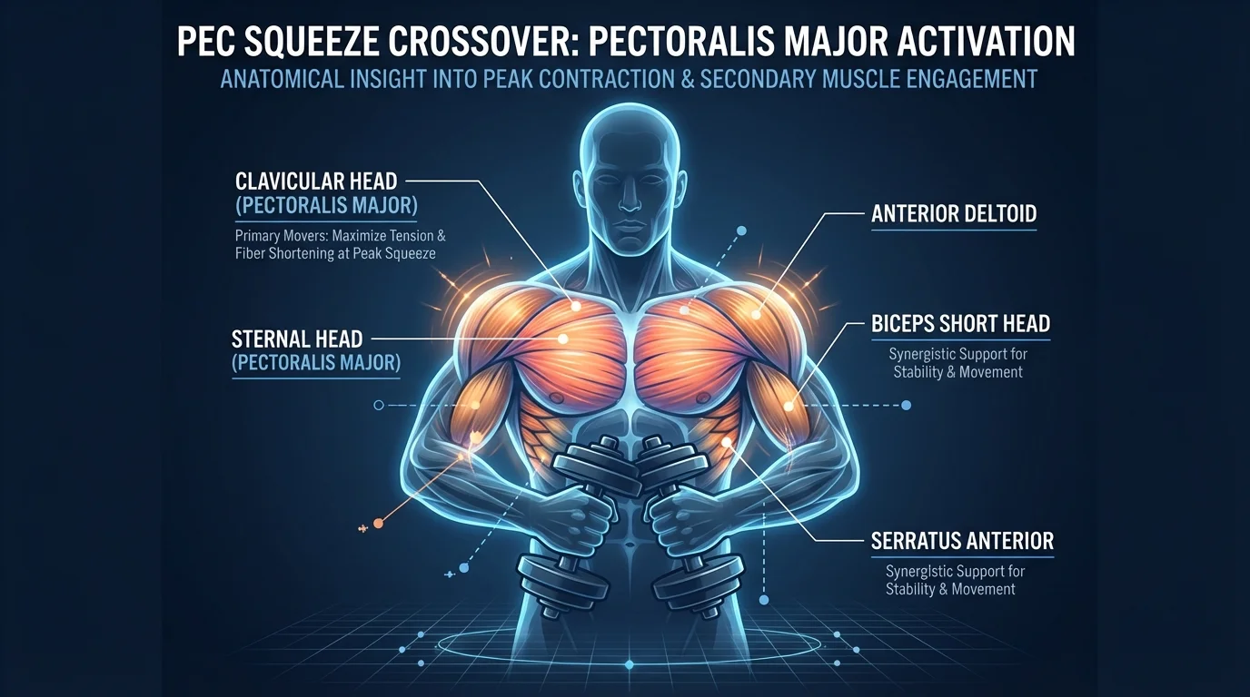 Pec squeeze crossover muscles worked: pectoralis major as the primary mover, with anterior deltoids, serratus anterior, biceps short head, rotator cuff, and upper-back stabilizers assisting