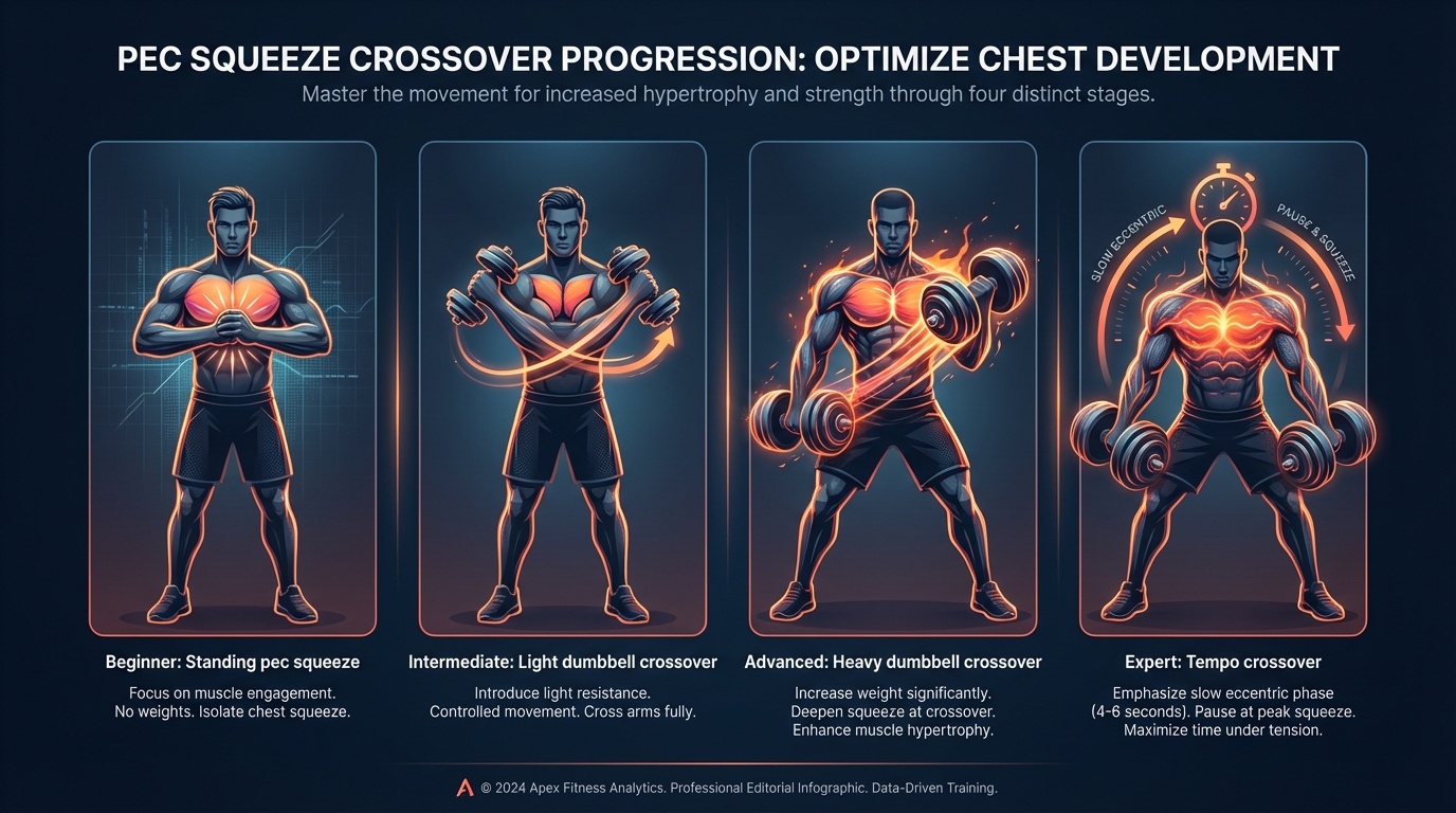Pec squeeze crossover progressions from beginner no-weight chest squeeze to light dumbbell crossover to advanced heavy dumbbell crossover to tempo crossover with slow eccentric