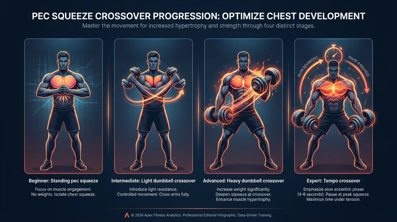 Pec squeeze crossover progression from no-weight standing chest squeeze to light dumbbell crossover, standard dumbbell crossover, and slow-tempo crossover