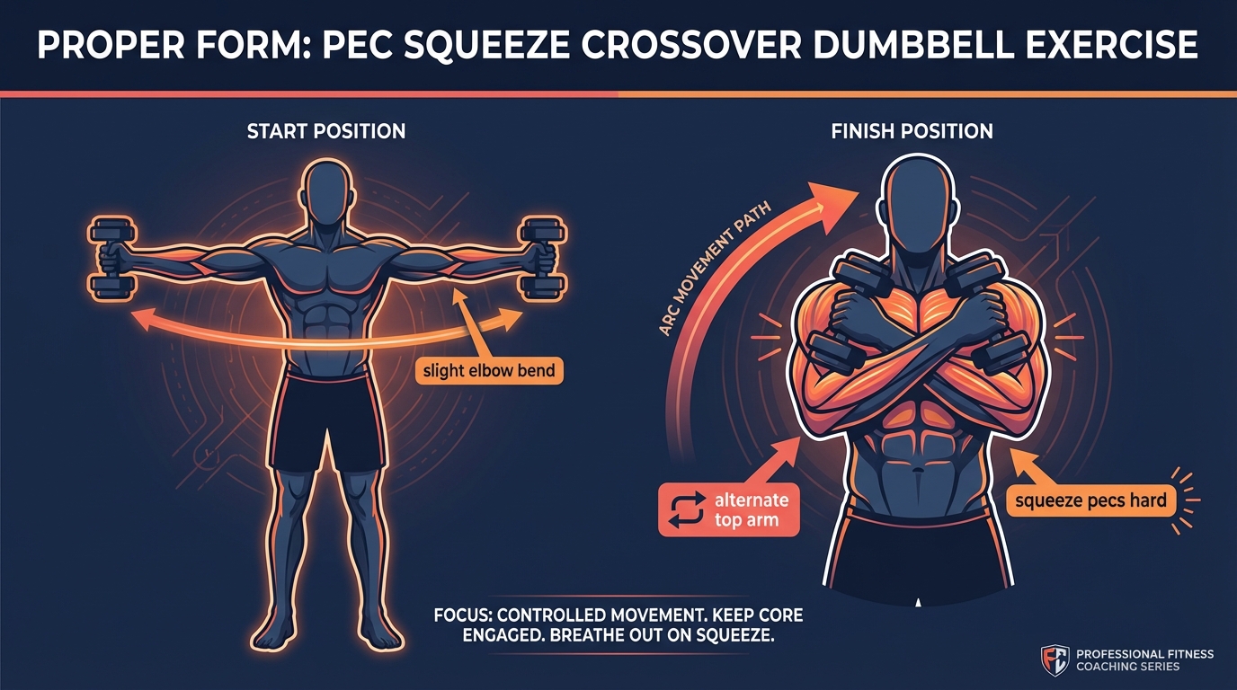 Pec squeeze crossover proper form showing start position with arms extended out to sides at shoulder height and end position with arms crossed in front of chest squeezing the pecs together