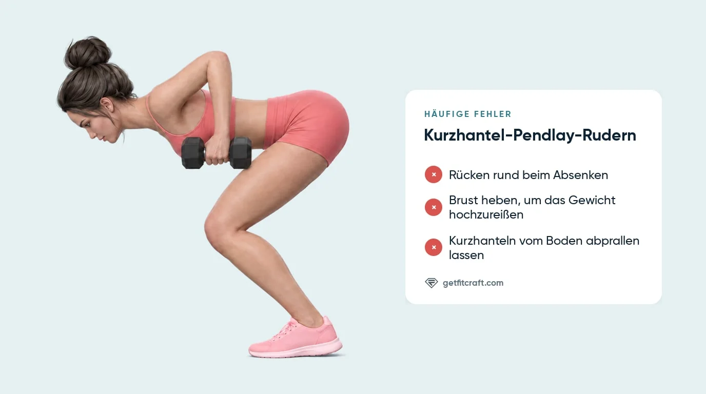 Pendlay-Rudern, häufige Fehler neben dem richtigen Zug: Rücken flach, Oberkörper ruhig, Kurzhanteln an den Rippen