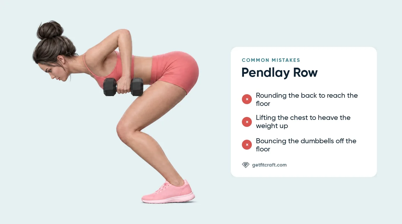 Dumbbell Pendlay row common mistakes listed beside the correct pull: flat back, torso still, dumbbells at the lower ribs