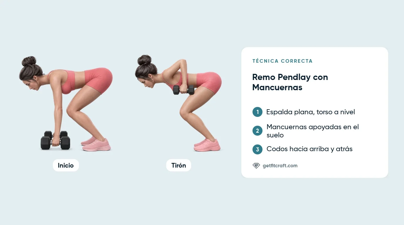 Remo Pendlay con dos mancuernas, forma correcta: empiezan en el suelo, espalda plana, codos arriba y atrás