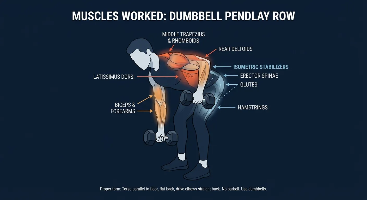 Dumbbell Pendlay row muscles worked: latissimus dorsi, middle trapezius, rhomboids, and rear deltoids highlighted as primary movers, with biceps and forearms assisting and the erector spinae, glutes, and hamstrings stabilizing the hinge
