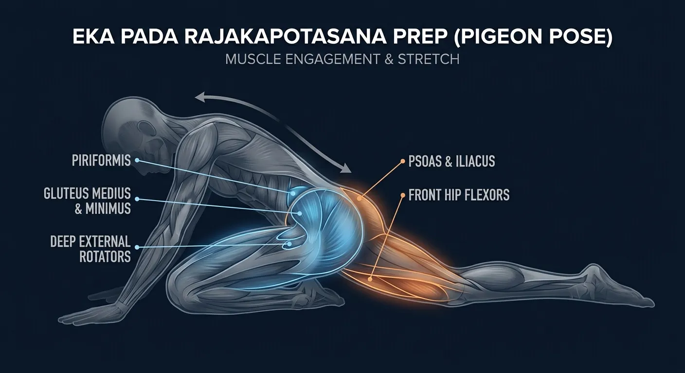 Pigeon pose muscles stretched and engaged: piriformis and gluteus medius and minimus of the front hip, hip flexors (psoas, iliacus) of the back leg, with the lower back lengthening through the forward fold