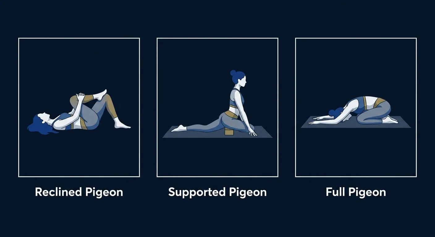 Pigeon pose progressions from reclined figure-four stretch to supported pigeon with a block to full pigeon with the shin parallel to the front of the mat