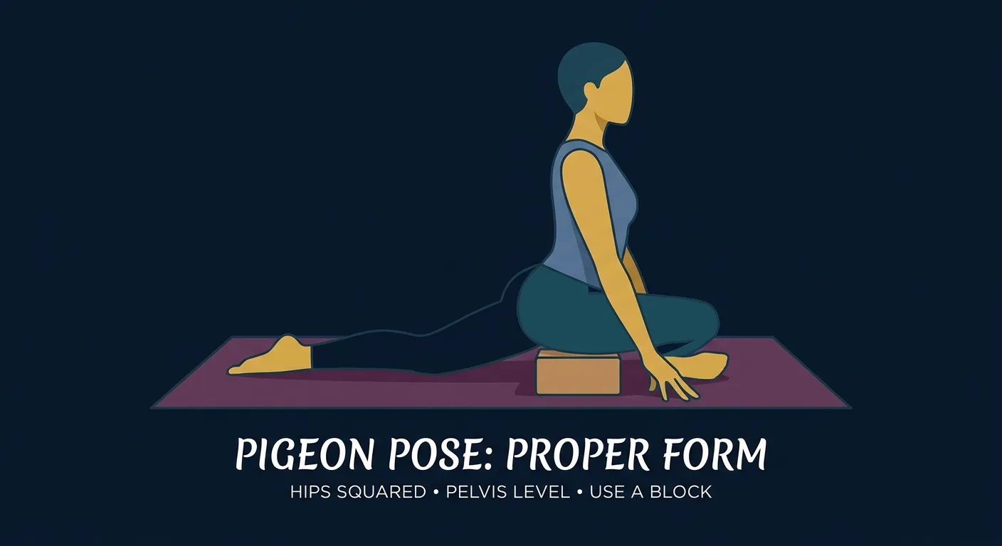 Pigeon pose proper form with front shin angled across the mat, back leg extended straight, hips squared forward, and a yoga block supporting the front-leg hip