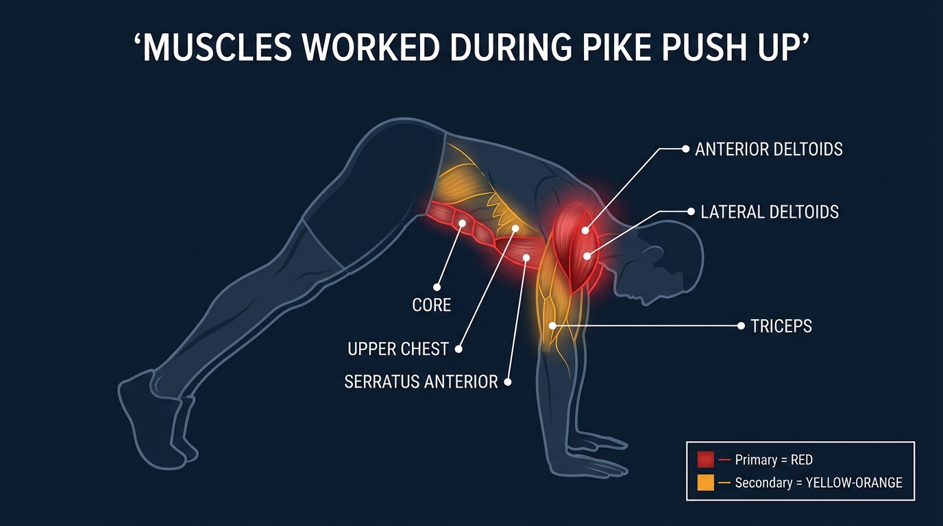 Pike push up muscles targeted diagram showing anterior deltoids, lateral deltoids, triceps, upper chest, and serratus anterior activation