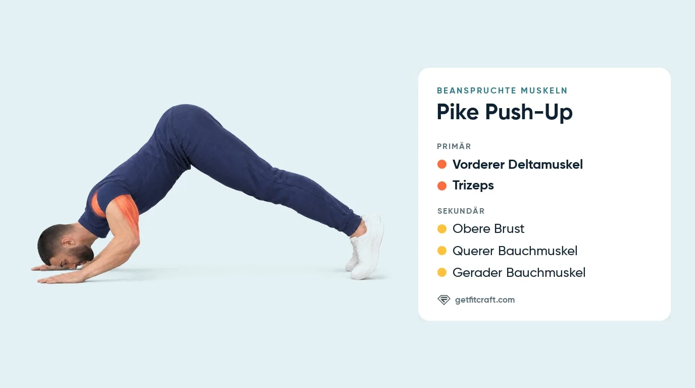 Pike Push-Ups, beanspruchte Muskeln: vordere Schultern und Trizeps markiert, obere Brust und Bauch helfen, Kopf gesenkt