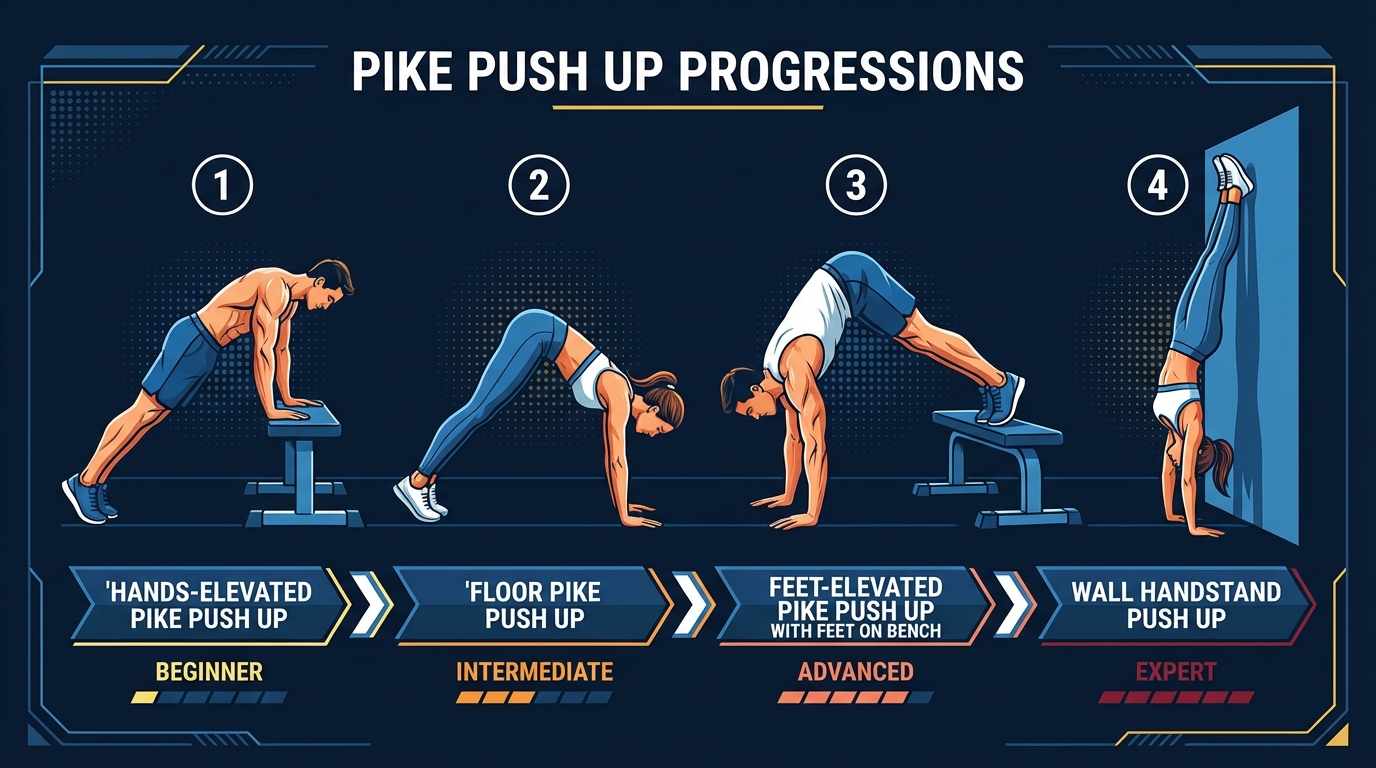 Pike push up progression from hands-elevated pike push up to floor pike push up to feet-elevated pike push up to wall handstand push up