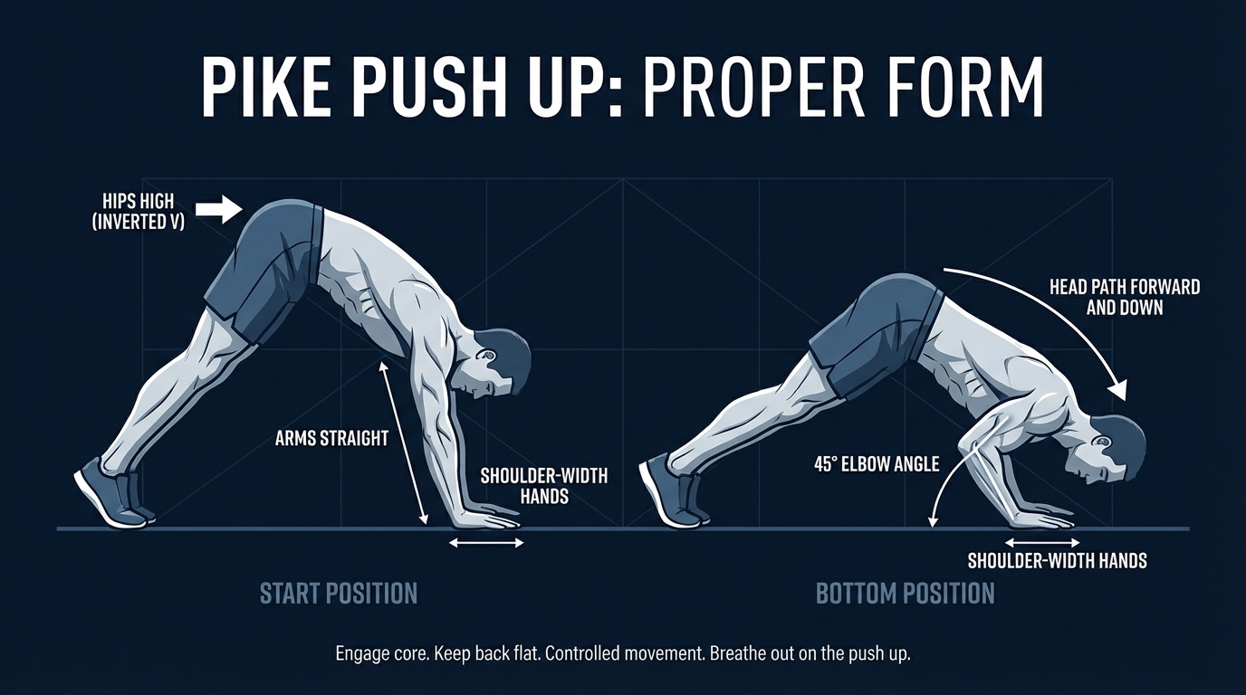 Pike push up proper form showing inverted V body position, 45-degree elbow angle, head lowering between hands, and high hip position