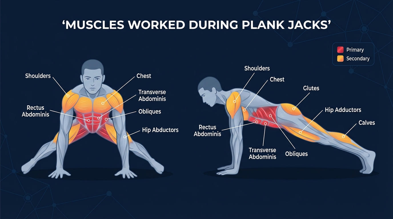 Plank jacks muscles targeted diagram showing rectus abdominis, obliques, transverse abdominis, shoulders, hip abductors and adductors, and glutes