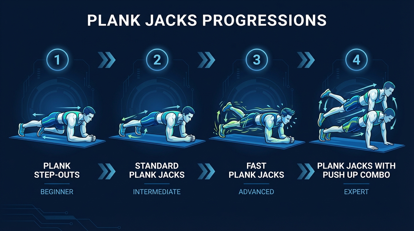 Plank jacks progression from plank step-outs to standard plank jacks to fast plank jacks to plank jacks with push up
