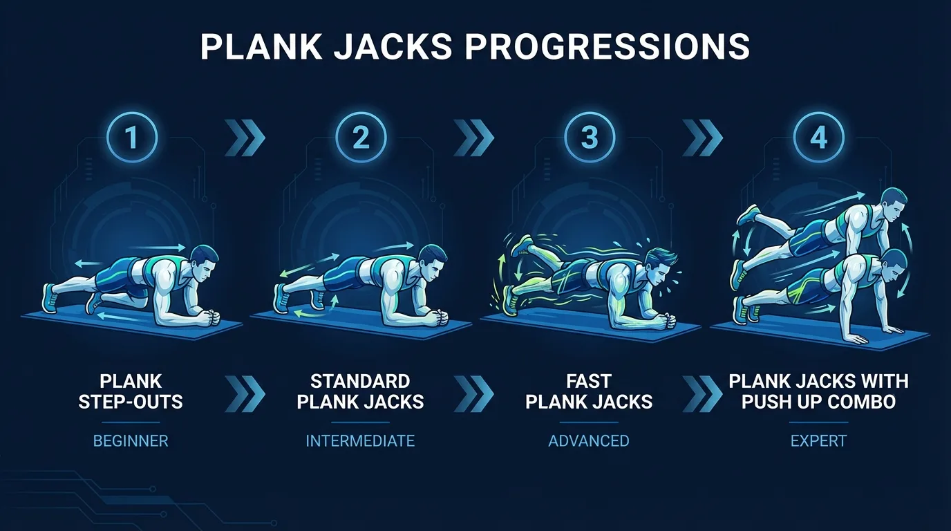 Progressao de plank jacks desde passos laterais em prancha ate plank jacks padrao, plank jacks rapidos e plank jacks com flexao