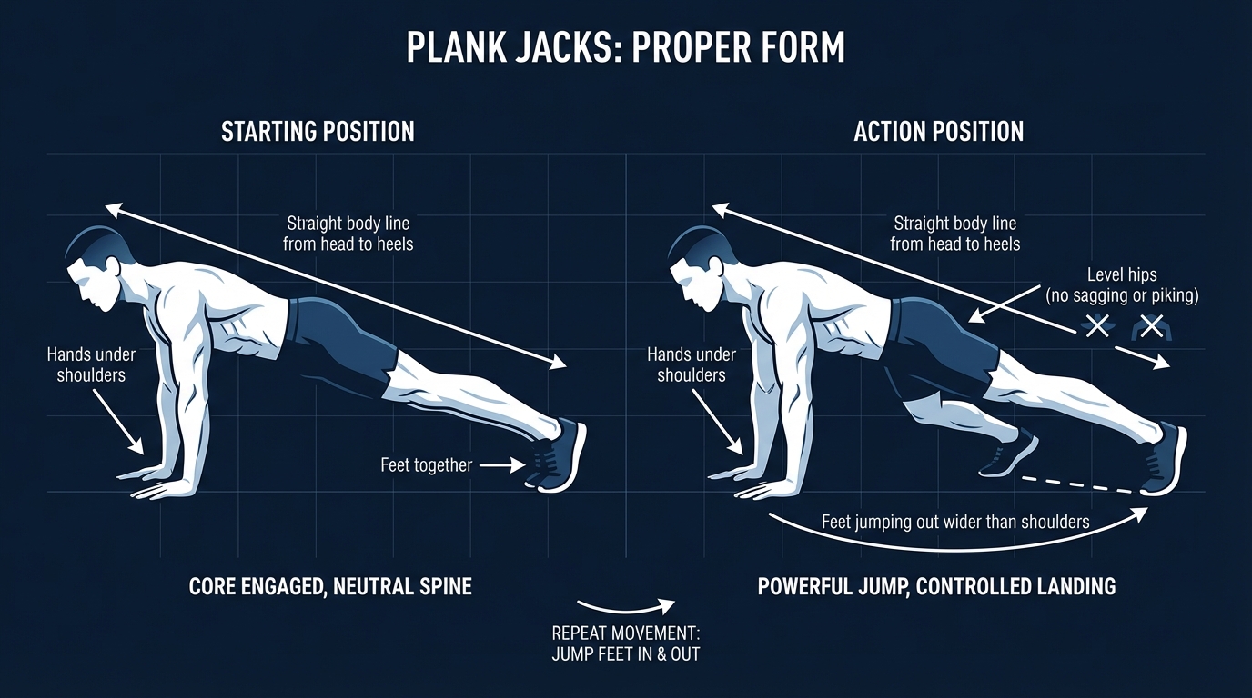 Plank jacks proper form showing high plank start position with feet together and jump position with feet wide, maintaining level hips throughout