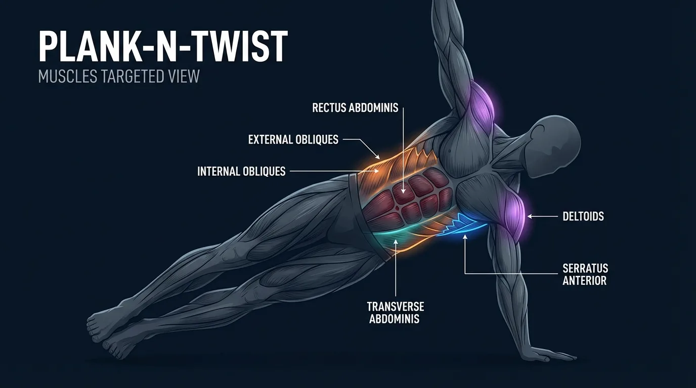 Plank-N-Twist muscles targeted diagram showing obliques, rectus abdominis, deltoids, serratus anterior, and rotator cuff engaged during the high plank rotation