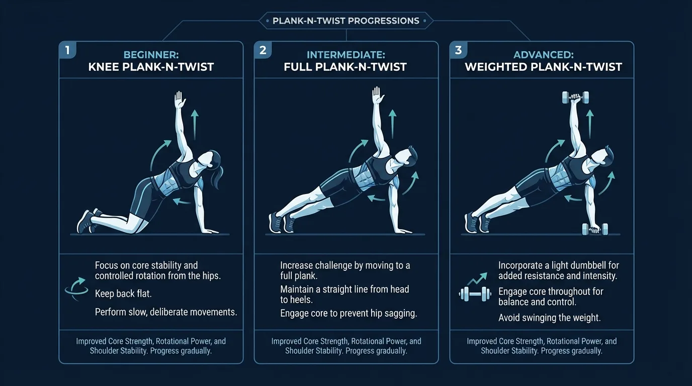 Plank-N-Twist progressions showing knee plank version for beginners, full high plank version for intermediate, and weighted version with a dumbbell for advanced athletes