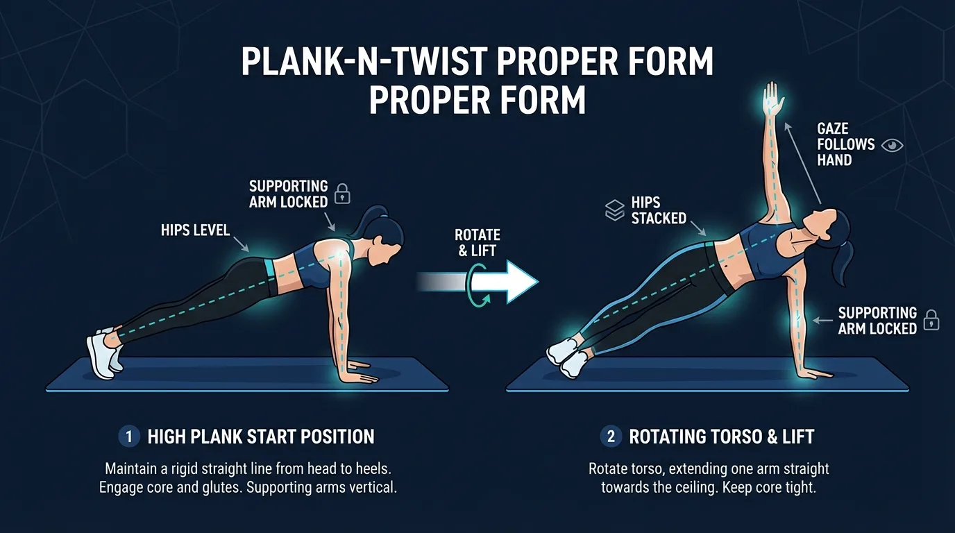 Plank-N-Twist proper form side view showing a fit athlete rotating from high plank into T-position with one arm extended toward the ceiling