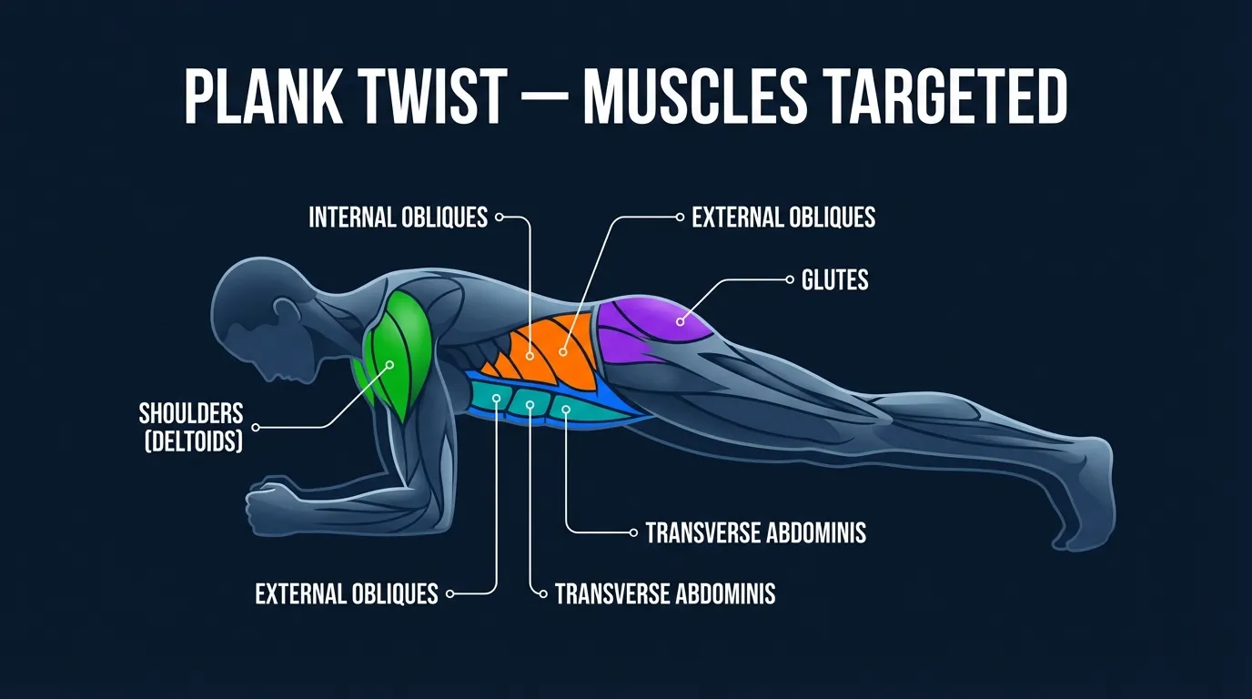 Plank Twist muscles targeted — diagram showing obliques, rectus abdominis, transverse abdominis, and shoulder stabilizers engaged during the exercise