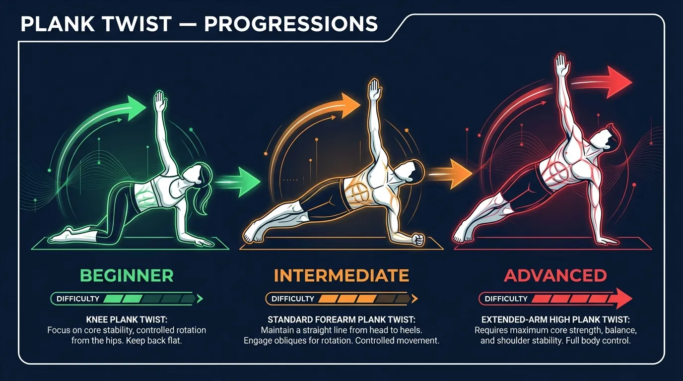 Plank Twist progressions — from knee plank twists for beginners to extended-arm plank twists for advanced athletes