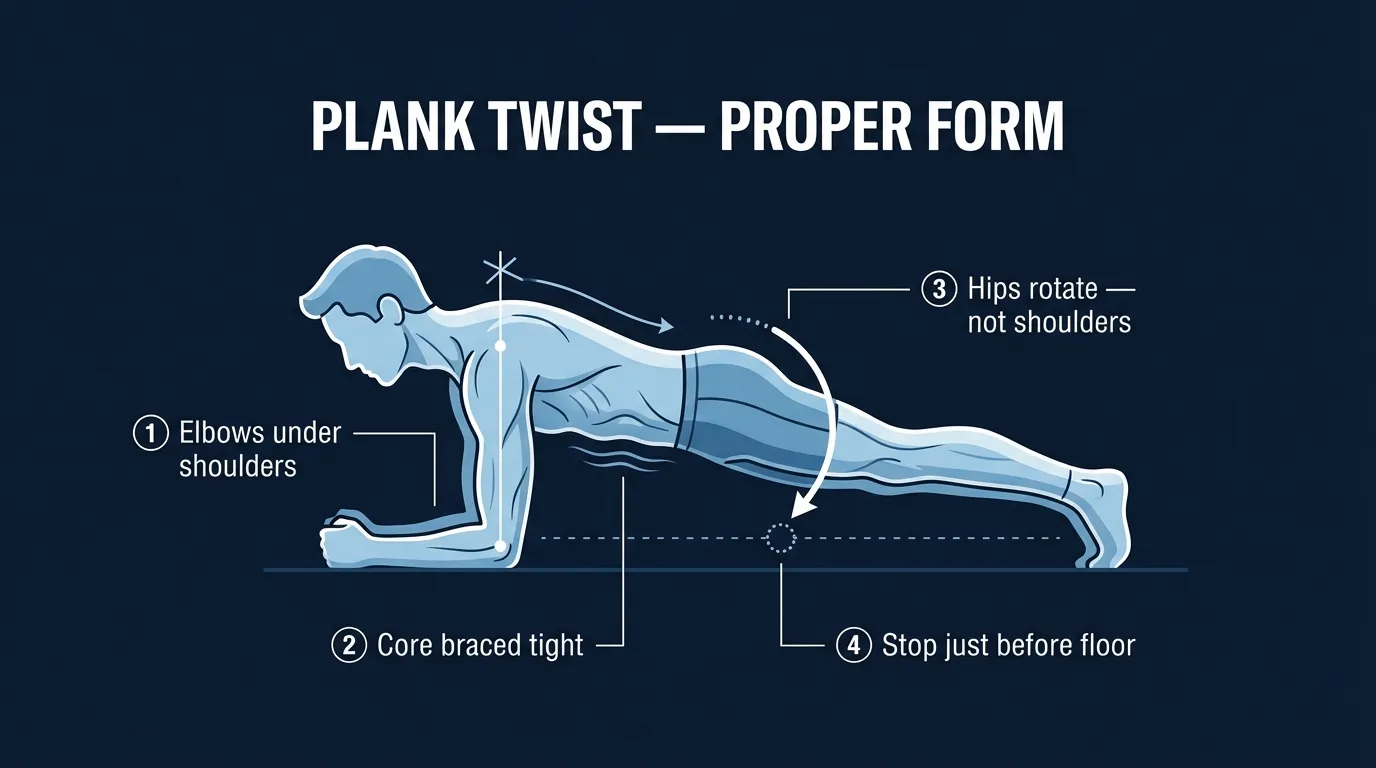 Plank Twist proper form — side view showing forearm plank position with hip rotation toward the floor, shoulders stable over elbows