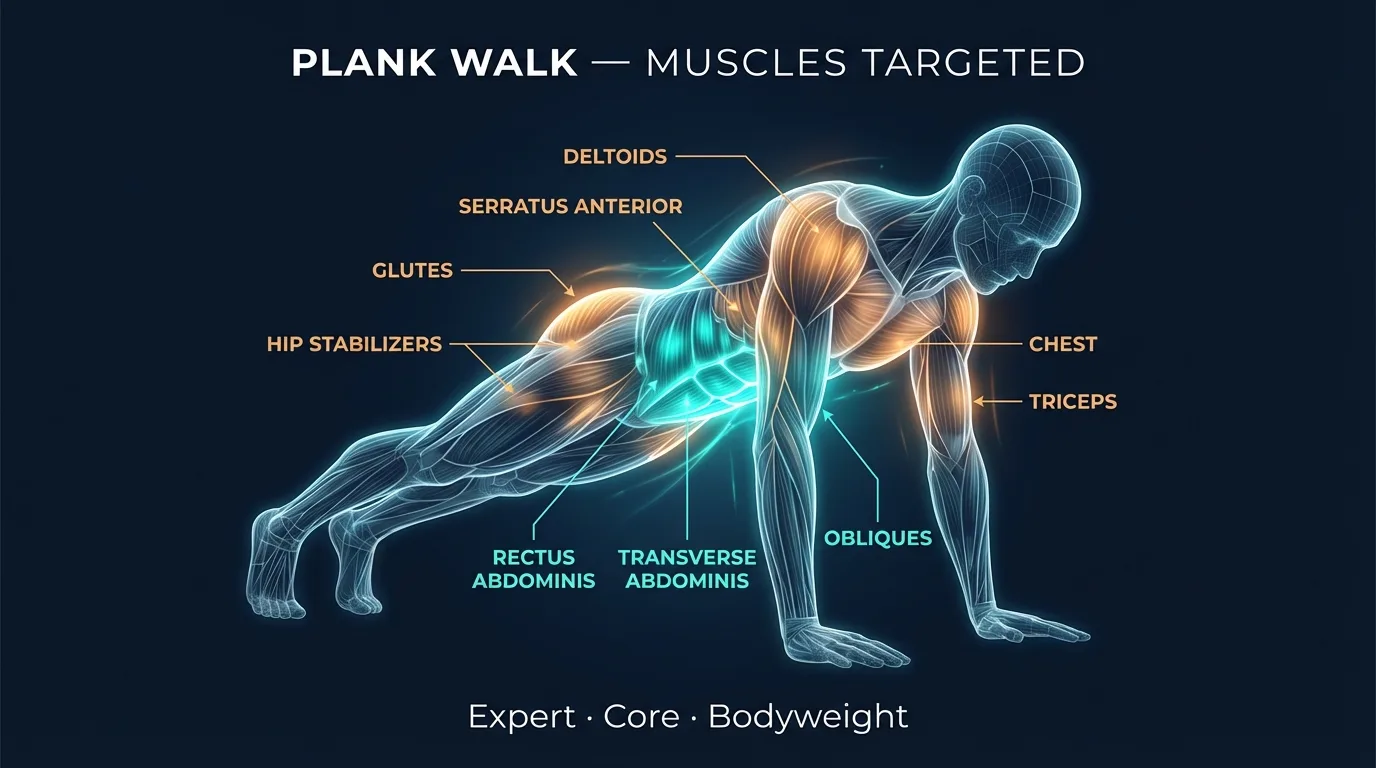 Plank walk muscles targeted diagram showing rectus abdominis, obliques, transverse abdominis, deltoids, triceps, serratus anterior, glutes, and hip stabilizers highlighted on an anatomical figure