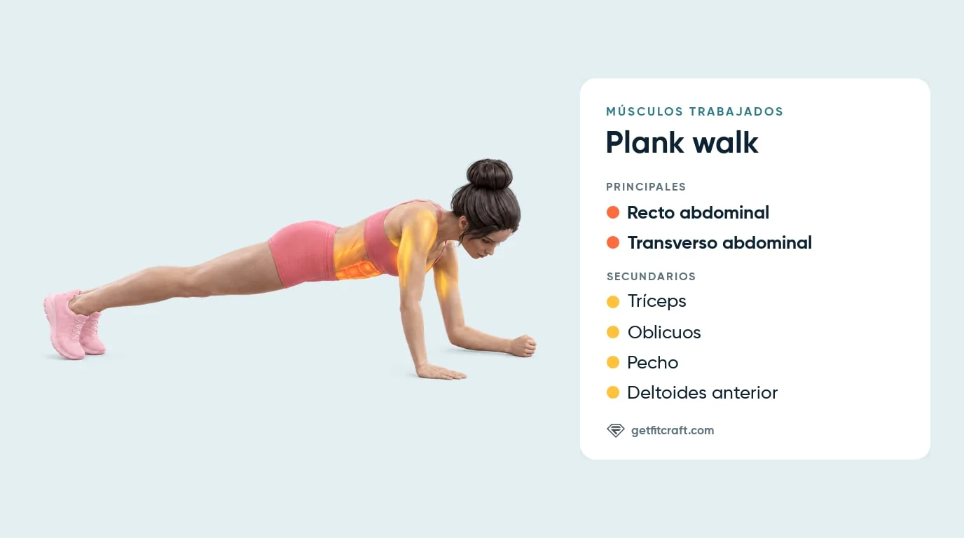 Plank walk, músculos trabajados: abdominales resaltados; tríceps, pecho, deltoides anteriores y oblicuos ayudan, a mitad del cambio con un antebrazo abajo