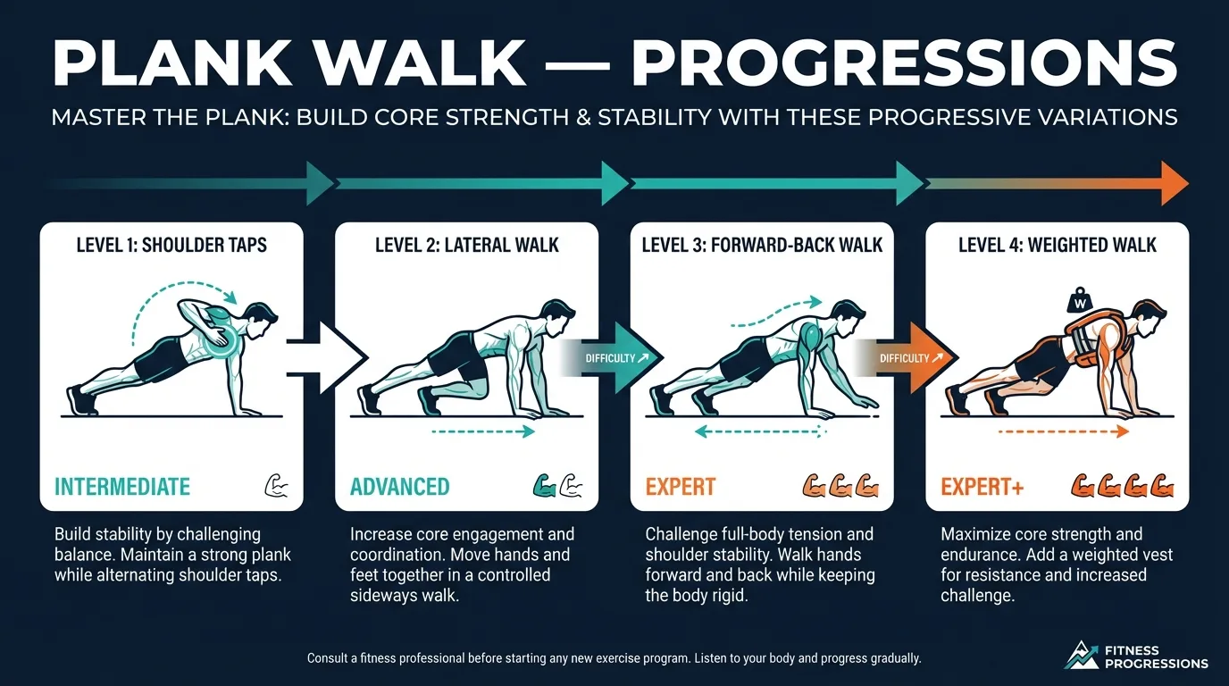 Plank walk progressions from plank shoulder taps to lateral plank walks to forward-backward plank walks to weighted plank walks