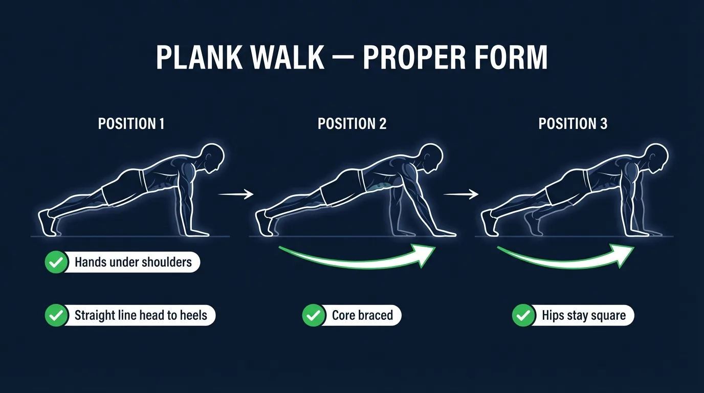 Plank walk proper form showing lateral stepping sequence with hands and feet moving in unison while maintaining level hips and rigid body alignment