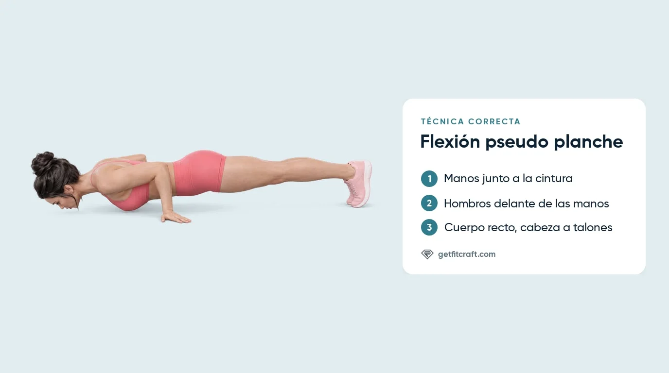 Técnica de la flexión pseudo planche: manos junto a la cintura, hombros por delante y cuerpo recto de cabeza a talones