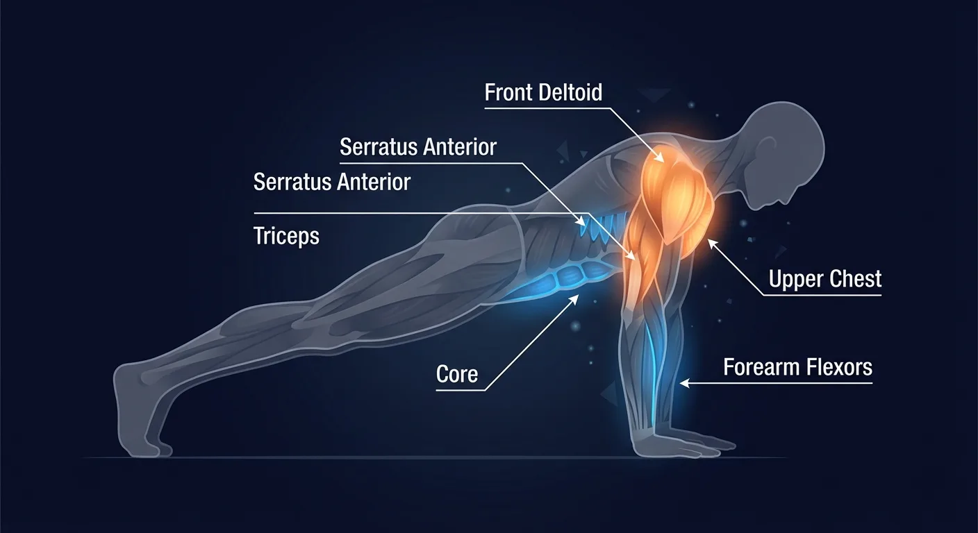 Pseudo planche push up muscles worked diagram highlighting front deltoids, upper chest, triceps, and serratus anterior