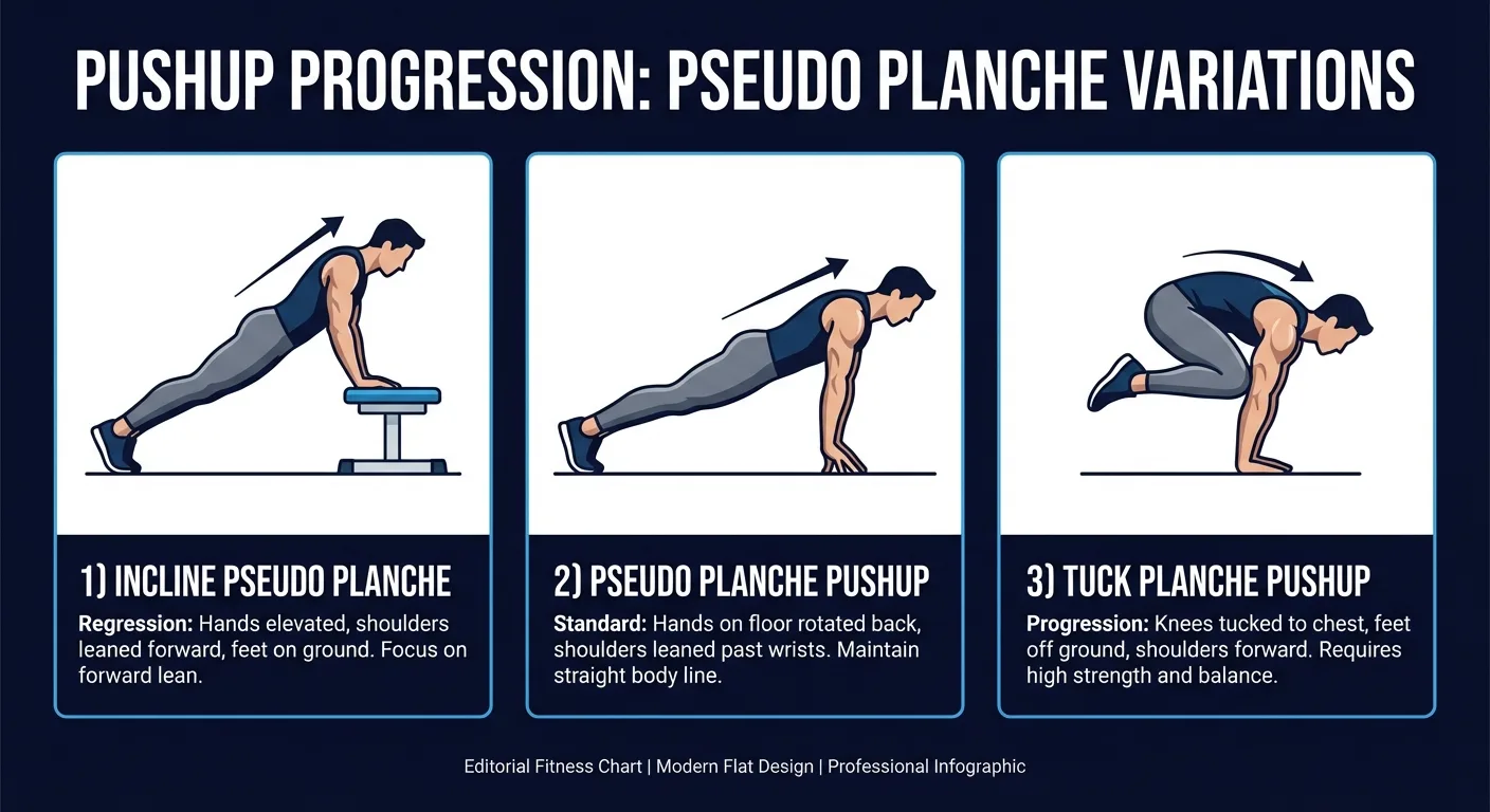 Pseudo planche push up variations showing incline regression, standard floor version, and tuck planche progression